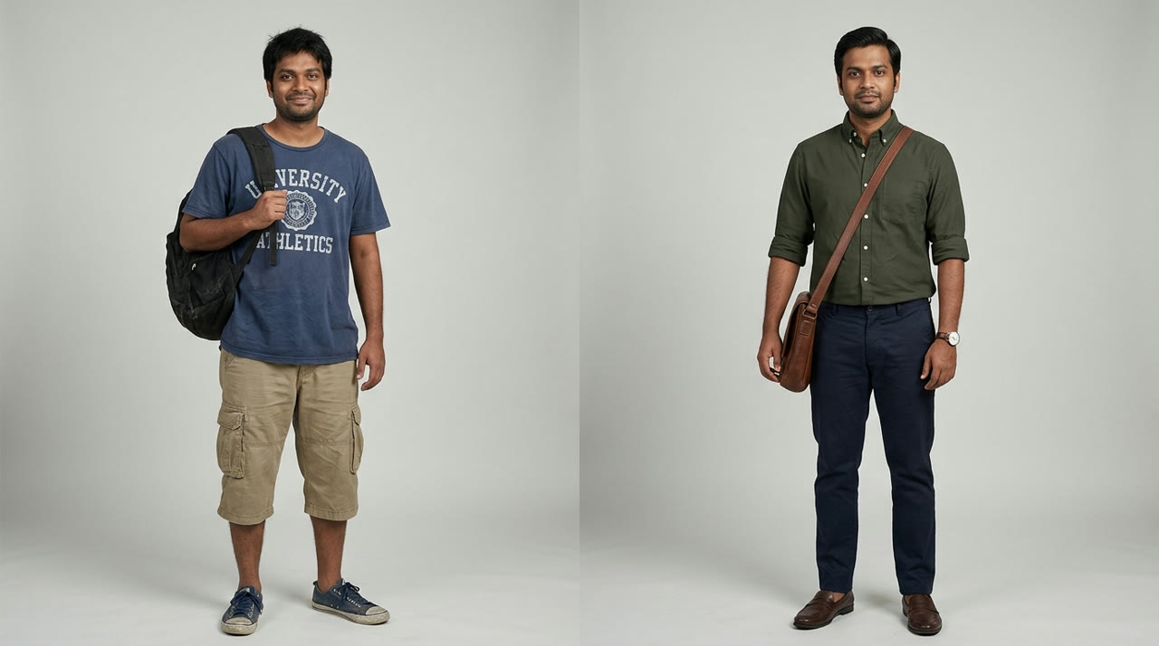 How to Dress Sharp in Your 30s — before-and-after comparison for Indian men