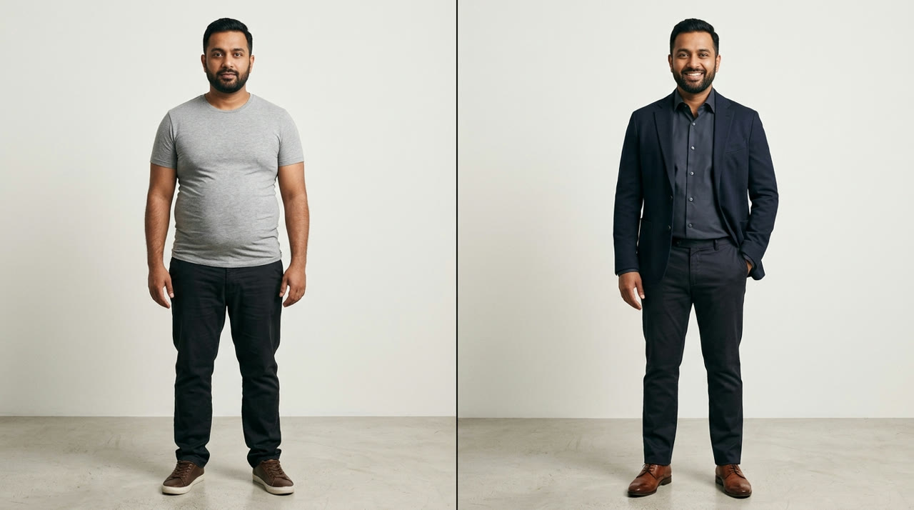 How To Dress A Man With A Big Belly (Dad Bod) — before-and-after comparison for Indian men