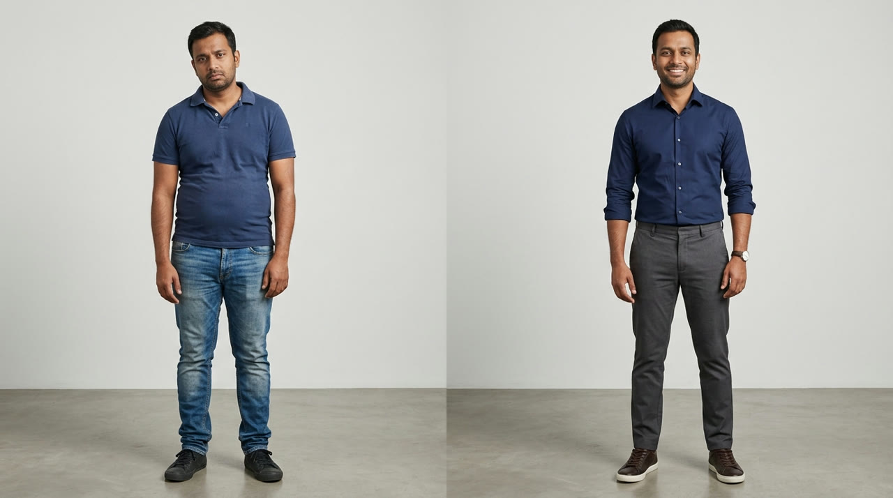 How to Dress When Your Body Is Changing — before-and-after comparison for Indian men