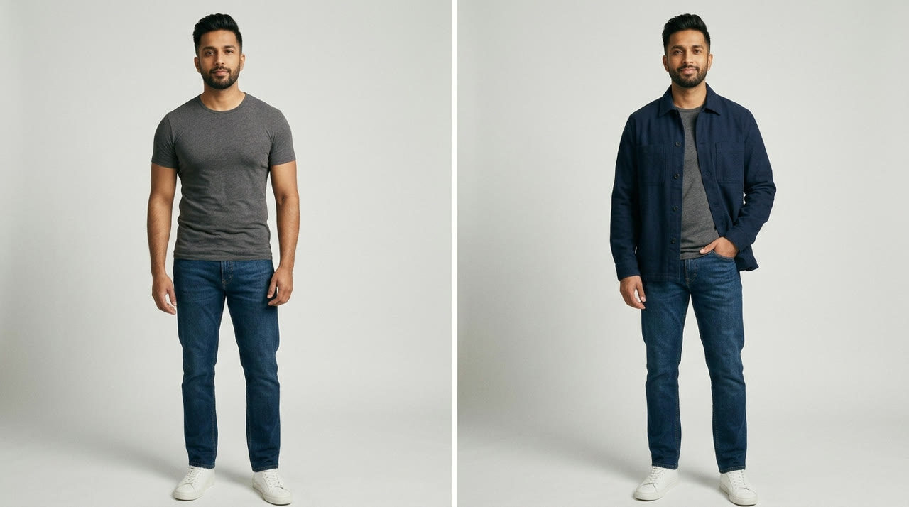 How To Dress When You Have Man Boobs — before-and-after comparison for Indian men