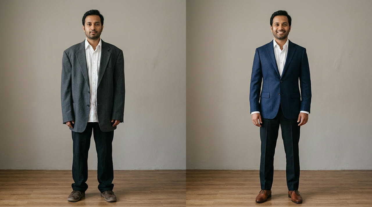 Jacket Proportions for Short and Slim Men — before-and-after comparison for Indian men