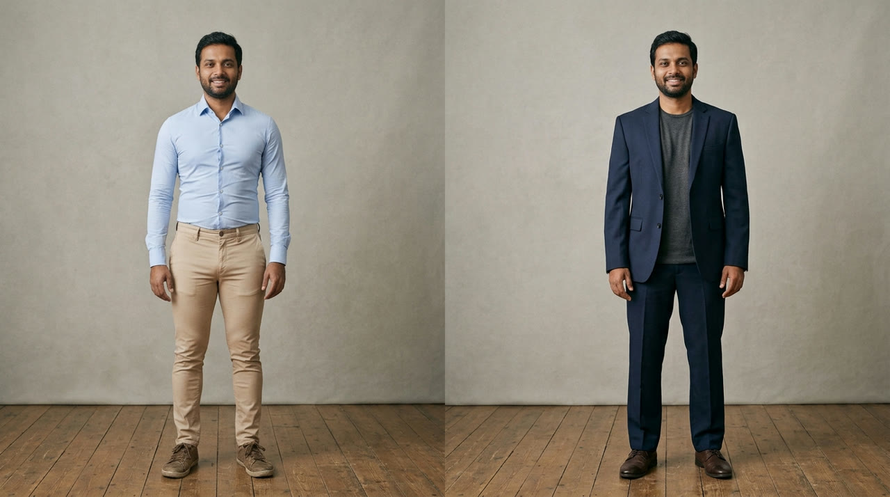 Men's Wide Hips: How to Dress Well and Look Slimmer — before-and-after comparison for Indian men