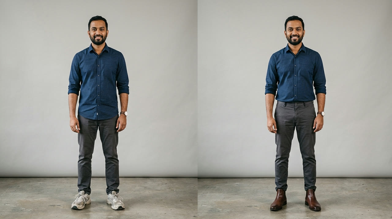 The Right Shoes for Your Age — before-and-after comparison for Indian men
