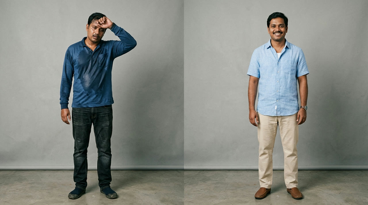 Summer Dressing for Different Body Types — before-and-after comparison for Indian men