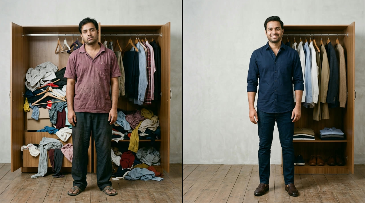 Expensive Wardrobe-Rebuilding Mistakes to Avoid — before-and-after comparison for Indian men