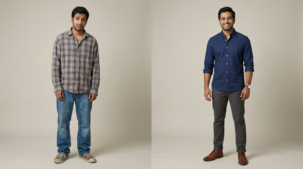 What to Wear on a First Date — before-and-after comparison for Indian men